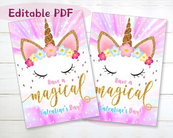 Editable Unicorn Valentine Tags For Kids Printable have a magical valentines day Gift Card Personalized Classroom Teacher INSTANT DOWNLOAD