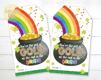 Editable PDF  St. Patrick's Day Pot Of Gold At The End Of The Rainbow Gift Tags Personalized Gift Favor Tags Digital Download Printable