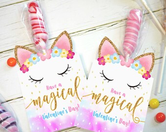 Etiquetas doradas de unicornio imprimibles para San Valentín para niños, tarjeta de regalo de San Valentín, unicornio Twisty Pop para aula preescolar, descarga instantánea.