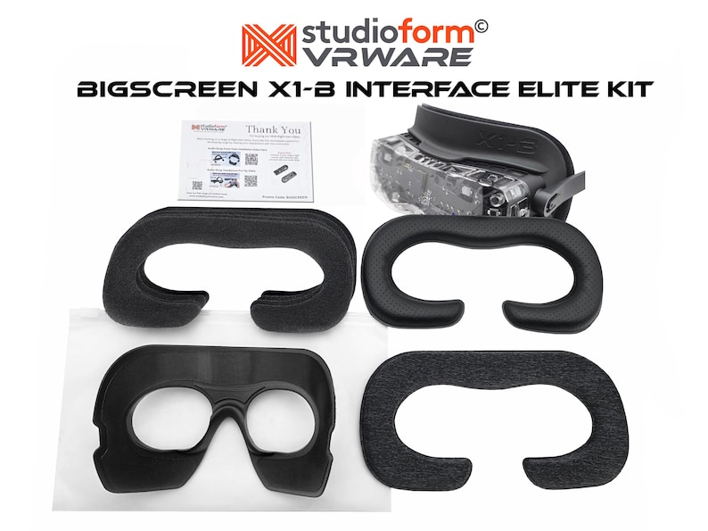 May include: A VR interface kit with the text "BIGSCREEN X1-B INTERFACE ELITE KIT". The kit includes a VR headset, several black foam face cushions, and a small card with instructions. The VR headset is black and has a clear lens.