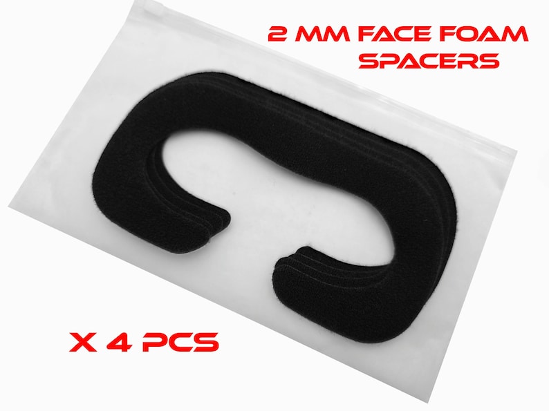 May include: Black 2 mm face foam spacers, packaged in a clear plastic bag. The text "2 MM FACE FOAM SPACERS" and "X 4 PCS" are printed in red. The spacers are curved and designed for comfort.