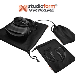 May include: Three black mesh bags for storing VR equipment. The largest bag has a VR headset inside. The middle bag has a VR controller inside. The smallest bag is empty.