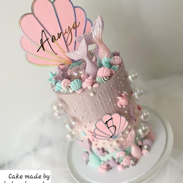 Personalised Shell Cake Topper and Age Charm, Pastel Shell Cake Topper, Mermaid Cake Topper, Under the Sea