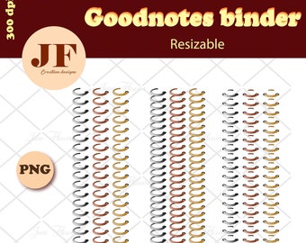 Puede incluir: Cuatro juegos de anillos de encuadernación dorados, cobrizos y plateados. Cada juego tiene 20 anillos. Los anillos son para usar con Goodnotes, una aplicación de toma de notas digital. La imagen incluye el texto "Goodnotes binder" y "Resizable".