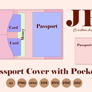 Modelo de capa de passaporte com bolsos SVG, padrão de porta-cartões faça você mesmo, faça sua própria mala de viagem, suprimentos de couro sintético, projeto de costura simples