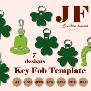 St Patrick’s Day keychain SVG, cute key fob template, faux leather supplies, lucky keychain svg bundle, shamrock key ring pattern, cut files