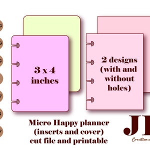 Könnte beinhalten: Ein digitaler Download für einen druckbaren Micro Happy Planner im Format 3 x 4 Zoll. Das Design umfasst zwei Versionen, eine mit Löchern und eine ohne Löcher. Der Text auf dem Bild lautet "Micro Happy planner (inserts and cover) cut file and printable".