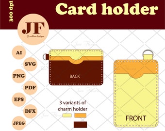May include: A digital illustration of a card holder with a front and back view. The front is yellow with a brown top flap and the back is brown with a yellow top flap. The text "FRONT" and "BACK" are printed on the card holder.