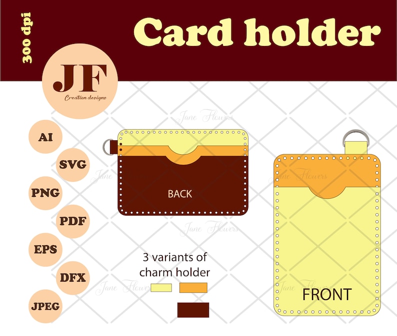May include: A digital illustration of a card holder with a front and back view. The front is yellow with a brown top flap and the back is brown with a yellow top flap. The text "FRONT" and "BACK" are printed on the card holder.