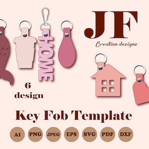 Cute leather key fob template, keychain pattern svg bundle, keys organizer cut files SVG, DIY leather supplies, key ring PDF, keys organizer