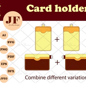 May include: A digital design for a card holder with two variations. The first variation is a yellow card holder with a brown top flap. The second variation is a brown card holder with a yellow top flap. The text "Combine different variations" is at the bottom of the image.