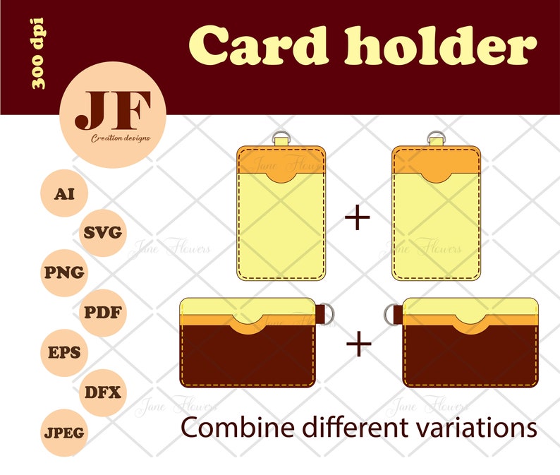 May include: A digital design for a card holder with two variations. The first variation is a yellow card holder with a brown top flap. The second variation is a brown card holder with a yellow top flap. The text "Combine different variations" is at the bottom of the image.