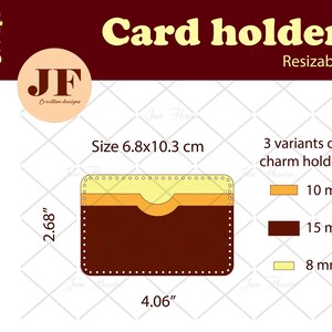May include: A brown leather card holder with a yellow and orange flap. The card holder is 4.06 inches wide and 2.68 inches tall. The image also shows three different sizes of charm holders: 10 mm, 15 mm, and 8 mm.