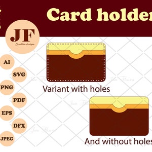 May include: Two variations of a brown card holder with a yellow top. The top variation has holes around the edges. The bottom variation does not have holes. The text "Variant with holes" is below the top variation and the text "And without holes" is below the bottom variation.