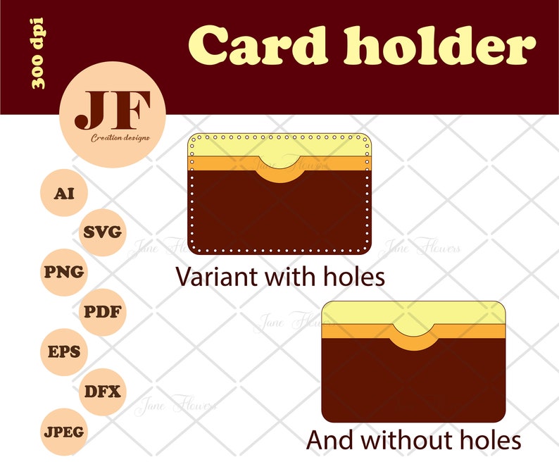 May include: Two variations of a brown card holder with a yellow top. The top variation has holes around the edges. The bottom variation does not have holes. The text "Variant with holes" is below the top variation and the text "And without holes" is below the bottom variation.