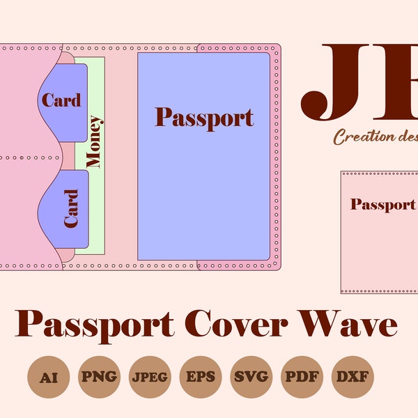 Passport cover template with wave pockets SVG, DIY card holder pattern, make your own travel case, leather supplies, simple sewing project