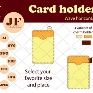 May include: A digital design template for a card holder with a wave horizontal design. The template includes three variations of a charm holder, with options for a yellow, orange, or brown charm holder. The design is for a card holder with a yellow and orange pocket.