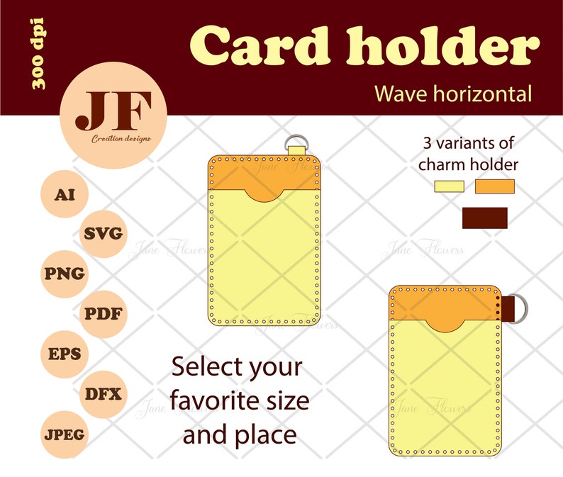 May include: A digital design template for a card holder with a wave horizontal design. The template includes three variations of a charm holder, with options for a yellow, orange, or brown charm holder. The design is for a card holder with a yellow and orange pocket.