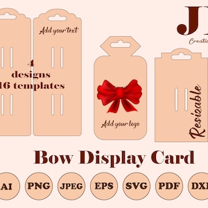 Plantilla de tarjeta de exhibición de doble lazo, patrón de soporte de lazos editable SVG, tarjeta de exhibición de pinzas para el cabello DIY, plantilla para paquete de archivo de corte de lazo para el cabello