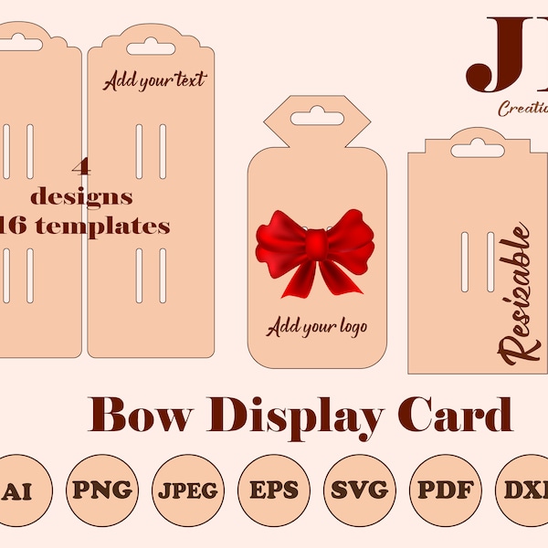 Double bow display card template, editable bows holder pattern SVG, DIY hair clip display card, template for package hair bow cut file