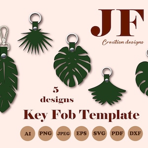 Tropical key fob template, cute keychain svg bundle, keys organizer pattern, vegan leather keychain cut files SVG, faux leather SVG