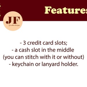 May include: A graphic showing the features of a wallet. The wallet has 3 credit card slots, a cash slot in the middle, and a keychain or lanyard holder.