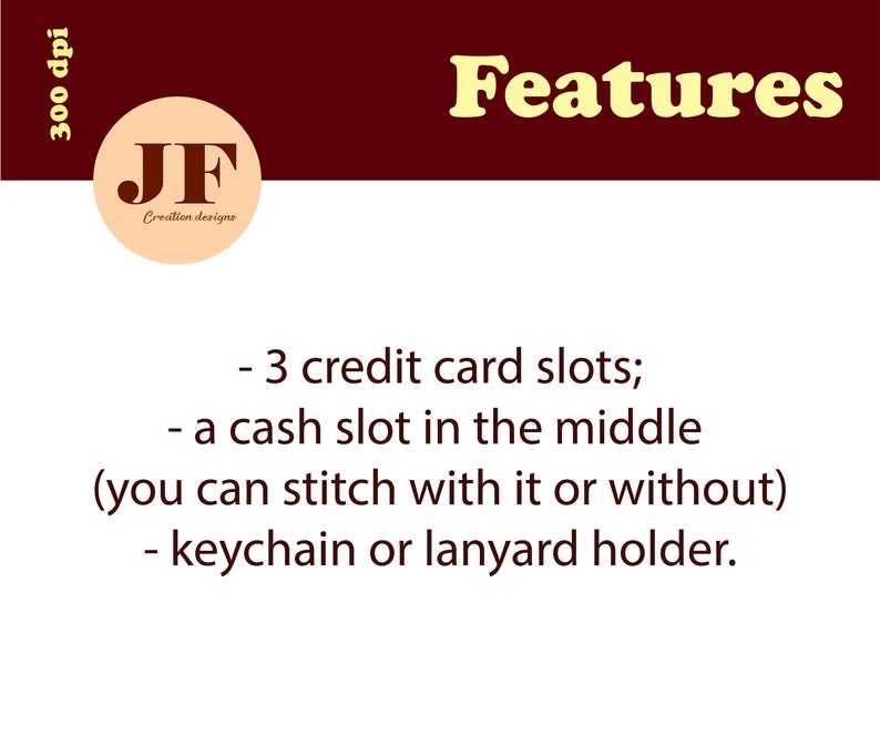 May include: A graphic showing the features of a wallet. The wallet has 3 credit card slots, a cash slot in the middle, and a keychain or lanyard holder.