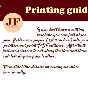 May include: A red and white printing guide with the text "Printing guide" in yellow letters. The guide explains how to print and cut out a PDF pattern for a craft project. The text says to use letter size paper (8.5 x 11 inches) and to cut along the lines with scissors.