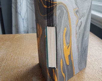 Handmade Rainbow or Grey and gold marbled buttonhole journal