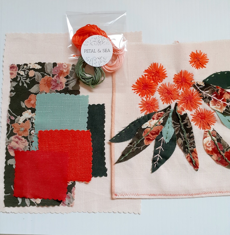 Vibrant orange flowered Eucalyptus Stitch Kits By PETAL /& SEA