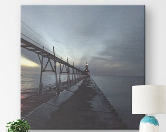 Winter Michigan Lighthouse Wrapped Canvas Print | Photography Wall Art Canvas | 7 sizes to choose | Lighthouse Tiscornia Lake Michigan