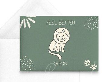 Feel Better Soon Post Card Stationary sets | Cute Cat in Cone Collar | Get Well Soon Flat Cards with Envelopes Sets of 10, 30 or 50