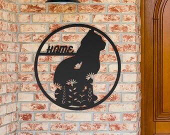 Cat Home Beautiful Die-Cut Metal Sign for Home, Office, Garden | Black, Red, White, Copper or Silver 18g Steel Wall Art for Indoor Outdoor