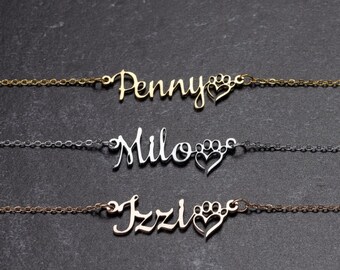 Personalized Name Necklace with Paw•Heart | Custom Pet Owner Gift, Any Name in Gold, Silver or Rose Gold | Mother's Day Dog Mom Cat Mom Gift