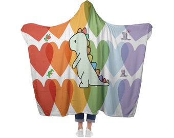 Dinosaur Rainbow Hearts Microfiber Hooded Blanket Lined in Fleece or Sherpa | Warm Cozy Oodie-style Hoodie for Adults or Teen | Pride Dino