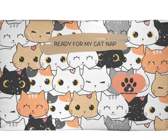 Ready for my Cat Nap Padded Pet Bed | Crate Mat for Cat Naps Dog or Cat Bed | Cute Cat Faces on Mat Fits Crates