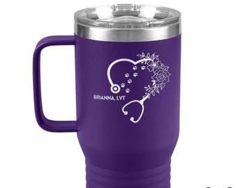 Personalized 20oz Insulated Travel Mugs with Floral Stethoscope & Animal Tracks | Hoof prints, Cow/Bovine or Bird tracks and Paw Prints Mug