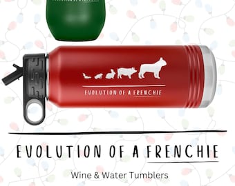 Evolution of a Frenchie 32oz Spill Proof Water Bottle with Straw and Lid | French Bull Dog Bat-Pig Evolution Funny Tumbler | Frenchie Gift