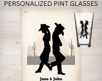 Cowboy Cowgirl Western Theme Personalized Pint Glasses | Cowgirls Cowboys Couples Gift | Custom Pint Glasses | Horse Riders Romantic Gift