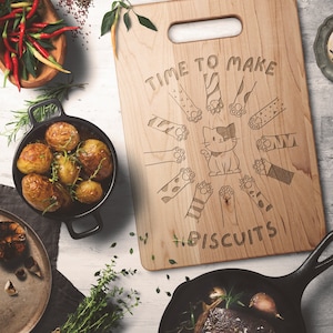 Time To Make Biscuits Cute Cat Solid Maple Wood Cutting Board | Cat Paws Laser Engraved Charcuterie Board | Baking Cat Cutting Board Kitty