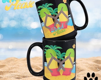 Beach Please Flip Flops Black Coffee Mug| 11oz or 15oz XL Ceramic Cups | Left or Right Handed Designs | Summertime Beach Lover Coffee Mug