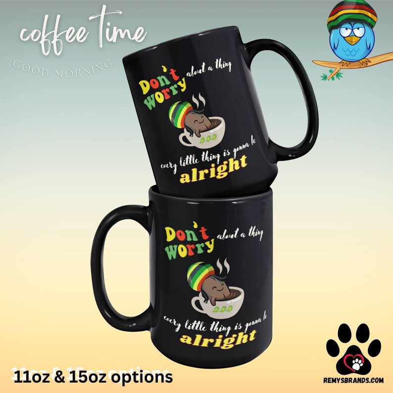 Don't Worry About a Thing Cute Coffee Bean Reggae Style Coffee Mug 11oz or 15oz XL Ceramic Cup Bob Marley Three Little Birds Song Coffee image 3