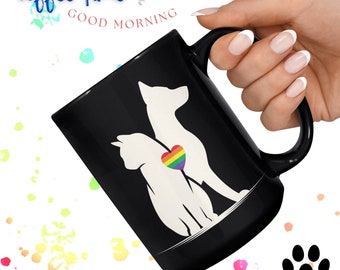 Cat and Dog Silhouettes with Rainbow Heart on Black Coffee Mug | 11oz or 15oz XL Ceramic Cups | Pride Heart on Cat & Dog Duo | Handle Choice