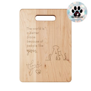 Dog & Cat Hearts Thank You Laser Engraved Maple or Walnut Cutting Boards Solid Maple or Walnut Wood Laser Etched Designs for Pet Lovers image 4