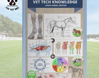 May include: A blue and white illustrated guide for veterinary technicians, featuring anatomical diagrams of horses, cows, pigs, and chickens. The guide includes information on herd health, anatomy, and common diseases. The text on the cover reads "Vet Tech Knowledge Large Animal Edition".