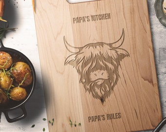 Fun Highland Cow Laser-Engraved Solid Maple Wood Cutting Board |Mamas Kitchen Mamas Rules| Papas Kitchen Papas Rules | Our Kitchen No Rules