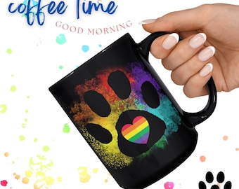 Paw & Rainbow Heart Colorful Black Coffee Mug | 11oz or 15oz XL Ceramic Cups | Left or Right Handed Designs | Pride Heart on Paw Coffee Mug