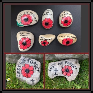 Poppy pebble, Remembrance stone, Lest We Forget Grave ornament, Paperweight, Royal British Legion donation, Hand-painted & varnished image 1