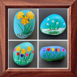 Personalised Spring flower stone, Hand-painted flower gift, Grave ornament, Paperweight, Mother's Day, Easter, Daffodils, Snowdrops, Tulips