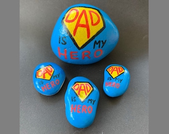 Father's Day gift, Hand-painted Dad is my Hero superman stones, Paperweight gift for Dad, Deceased father grave ornament, Varnished